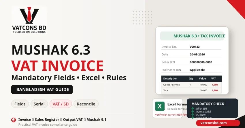 Mushak 6.3 VAT Invoice Bangladesh guide with mandatory fields, Excel format, VAT rules and return reconciliation